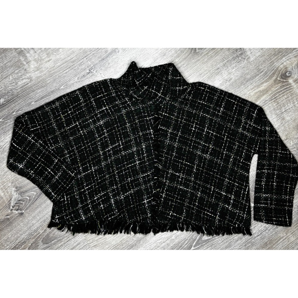 Zara Women's Tweed Fringe Shrug Crop Sweater‎ Wool Blend Green Black Plaid XS